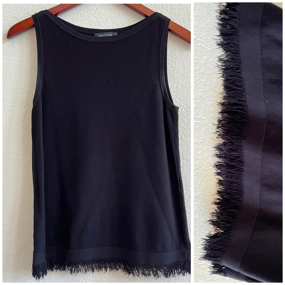 Ann Taylor Fringe Hem Black Tank Top Blouse Textured Boho Workwear Size‎ XS